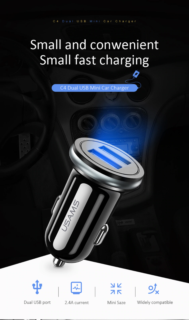 USAMS Автомобильное Зарядное устройство в прикуриватель для авто 2 USB 2.4А