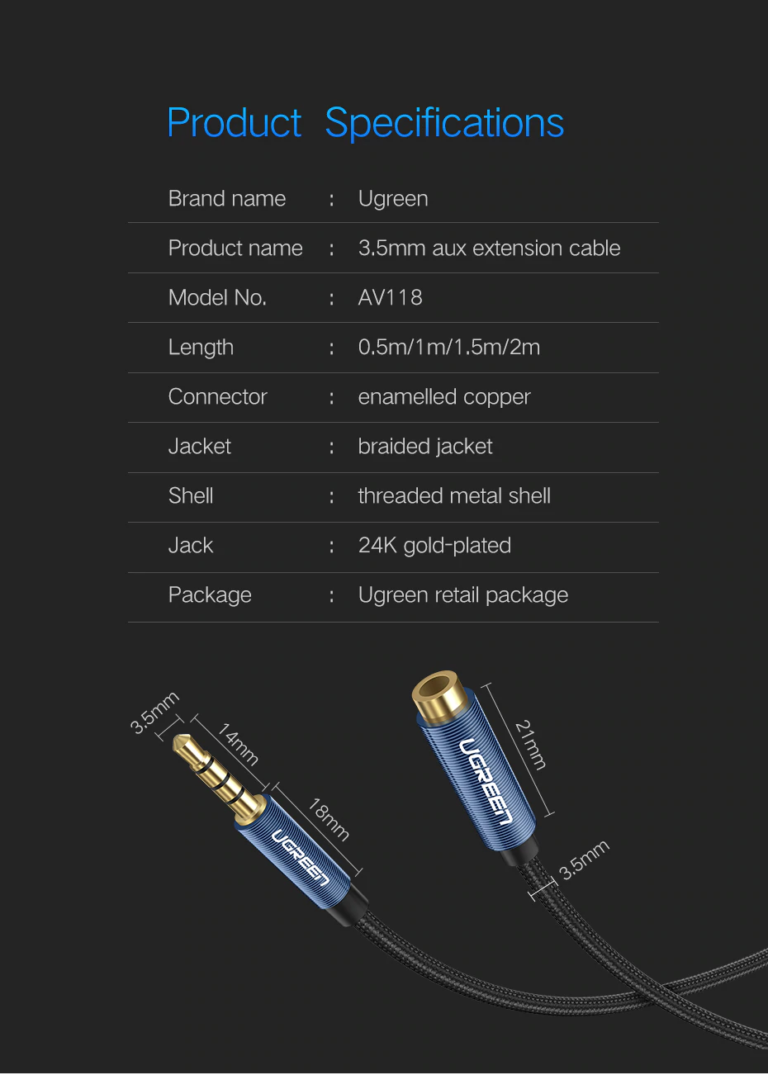 Кабель AUX mini Jack микрофон Ugreen AV118 (40685) удлинитель 2m Kamstore.com.ua