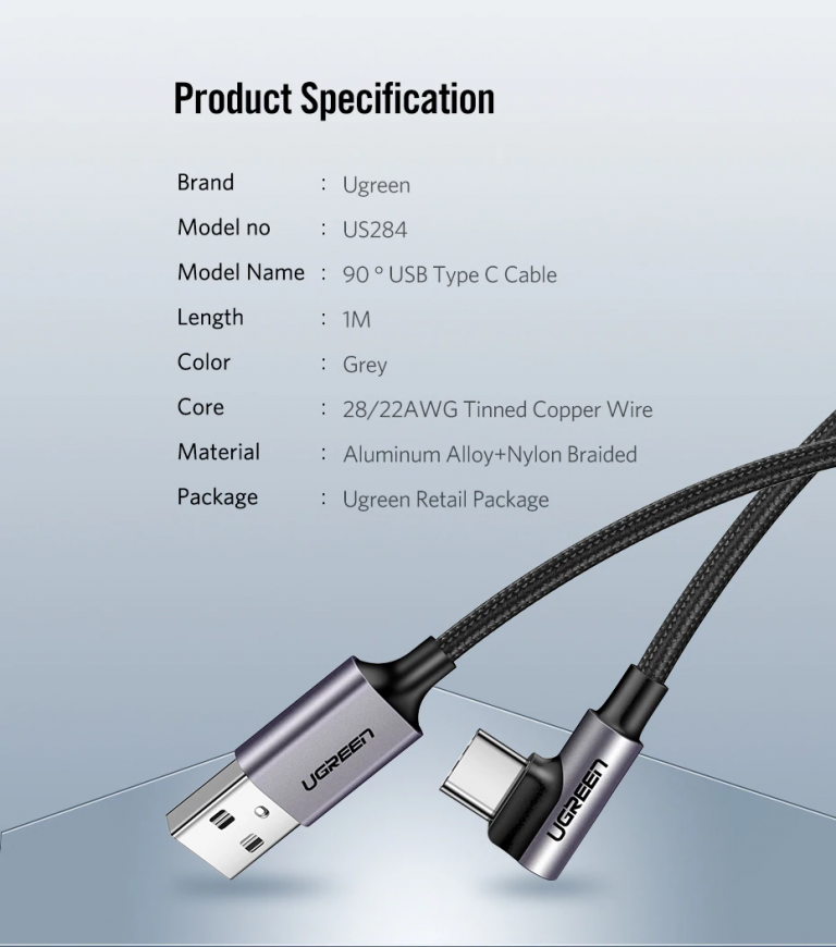 Кабель зарядный Type-C USB угол 90° Ugreen US284 (50948) Kamstore.com.ua