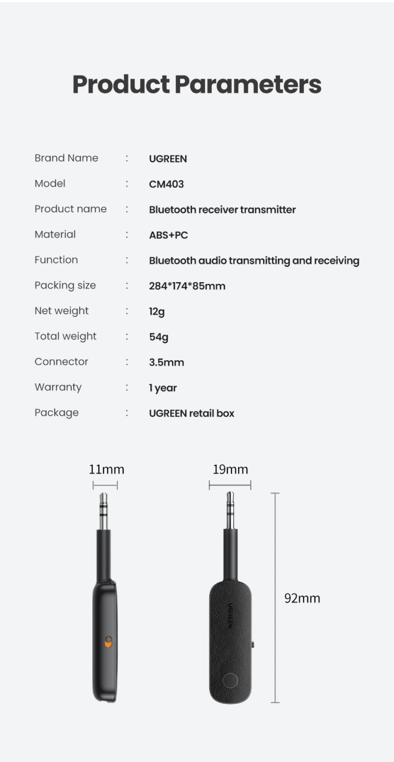 Bluetooth адаптер 2in1 приемникпередатчик Bluetooth 5.0 для TVPC 3.5mm Ugreen 80893 (CM108) Kamstore.com.ua (5)
