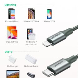 Kamstore.com. ua Зарядный кабель MFi Lightning to USB-C сертифицированный Ugreen 60759 (US304) Braided with Aluminum Shell Black, 1m (6)