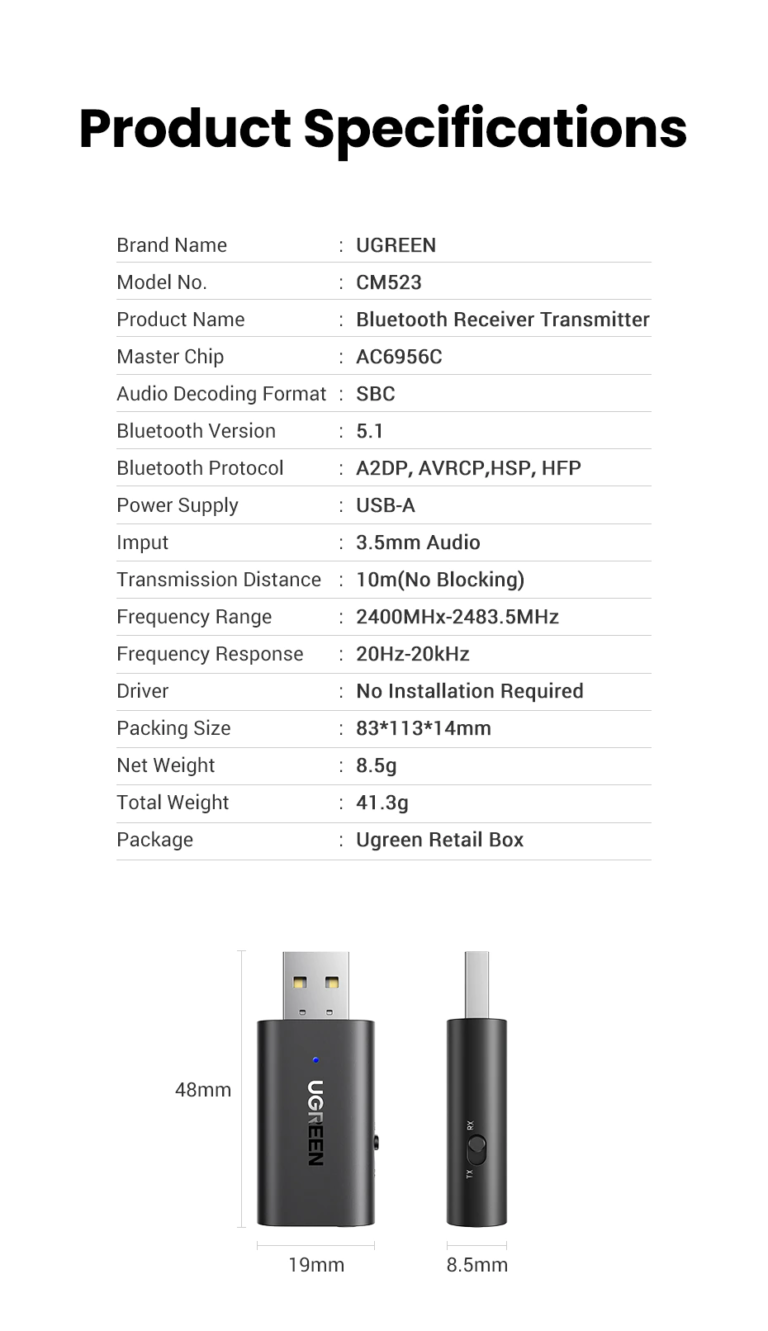 Kamstore.com.ua Приемник Передатчик 2in1 Bluetooth 5.1 CM523 UGREEN 60300 (15)
