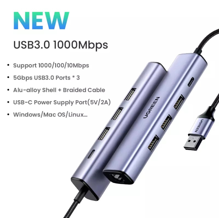 Kamstore.com.ua Концентратор Ethernet-адаптер USB3.0 Ugreen 60554 NEW (2)