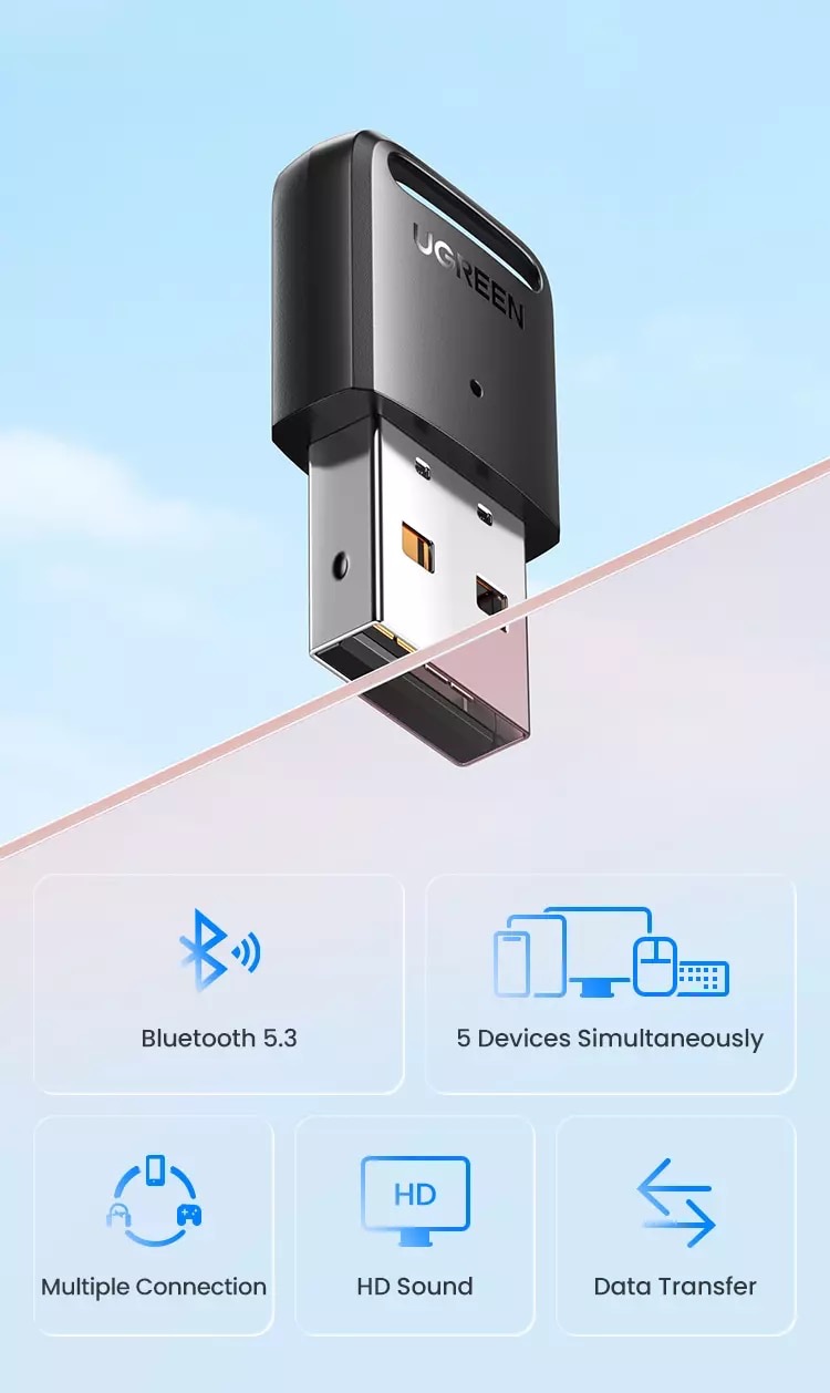 Kamstore.com.ua Адаптер Bluetooth 5.3 USB приемник, передатчик для ПК, ноутбука, колонок, мишки, наушников CM591 Ugreen 90225 (6)