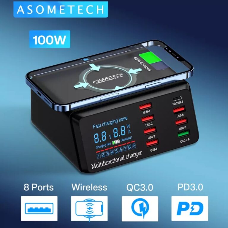 Kamstore.com.ua Быстрое зарядное устройство 100W Asometech ASX9 QC3.0 PD3.0 8 портов для iPhone, Samsung, Xiaomi (1)