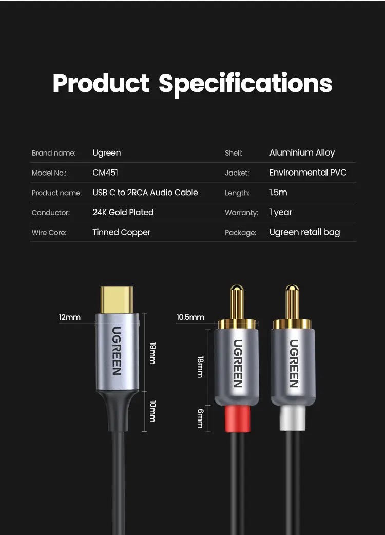 Kamstore.com.ua HiFi Аудио кабель USB-C to 2RCA with Dac Chip Ugreen 20193, 1 (15)