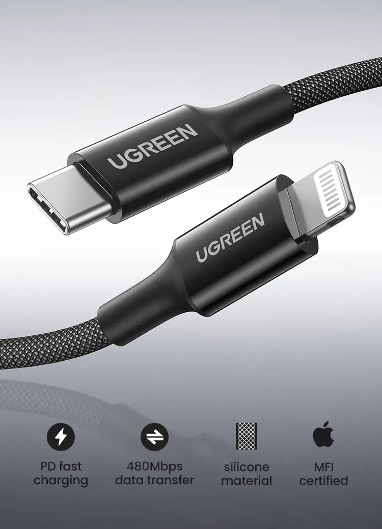 Kamstore.com.ua Кабель MFi Ugreen US532 для зарядки и передачи данных Lightning to USB-C 20W PD Fast Charging (7)