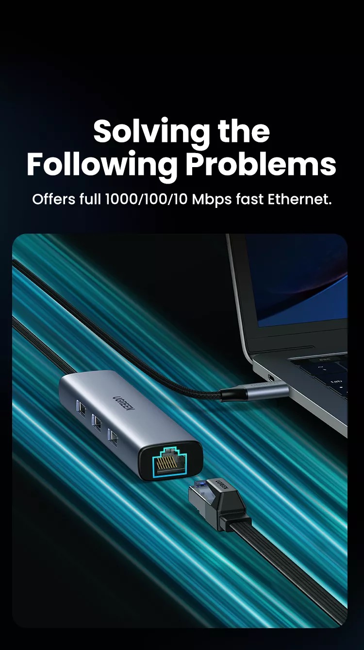 Kamstore.com.ua Концентратор Ugreen CM475 Ethernet-адаптер Type-C to RJ45 (1000M) 3xUSB3.0 HUB (60608) NEW