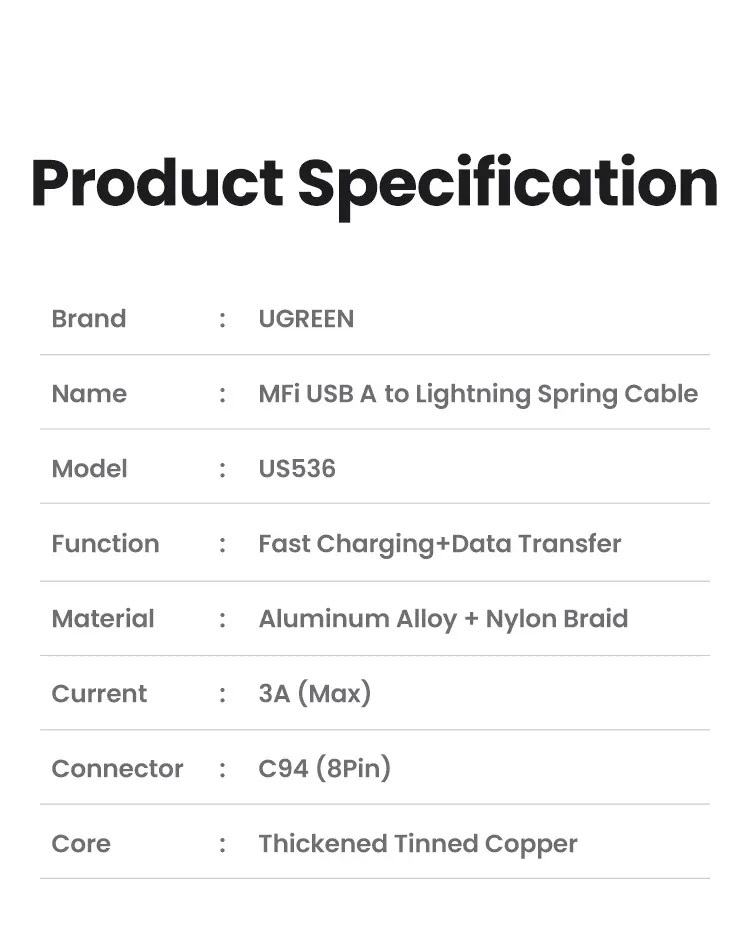 Kamstore.com.ua Кабель пружинный Lightning Ugreen US536 Lightning to USB Ugreen 90479 (7)