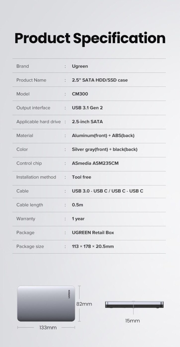 Kamstore.com.ua Корпус для 2.5 SDD HDD Ugreen CM300 USB-C внешний карман SATA III Aluminium Ugreen 70499 (14)