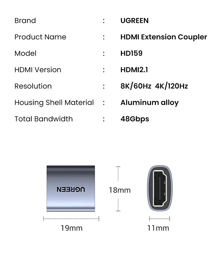 Соединитель 8K Ugreen HD159 HDMI 2.1 Aluminium Ugreen 90592 (16)