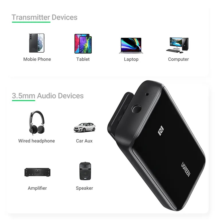 Kamstore.com.ua Адаптер Bluetooth UGREEN CM402 aptX HD HI-Fi DAC 3.5 mm NFC QCC3034 Audio Receiver черный (80903)