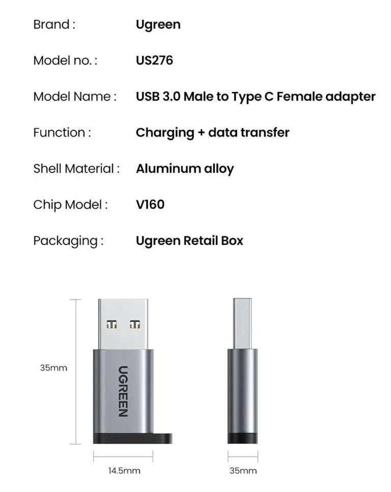 Kamstore.com.ua Адаптер UGREEN US276 Переходник USB-A 3.0 to USB-C Adapter с карабином Space Gray (50545)