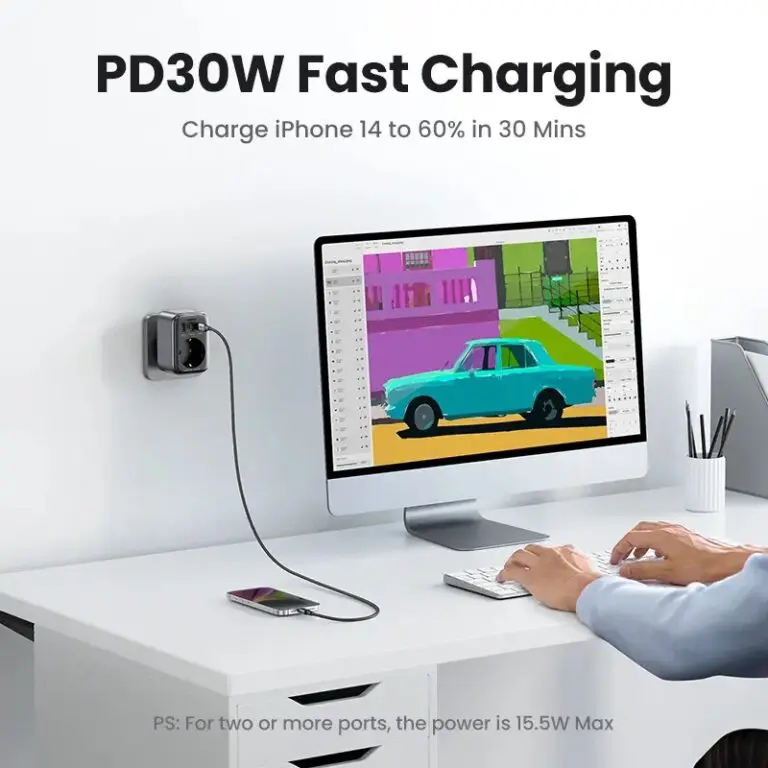 Kamstore.com.ua Сетевое зарядное устройство UGREEN CD314 GaN 30W для быстрой зарядки USB Fast Charger 2A1C Розетка переменного тока 3800W 16A Black (90615)