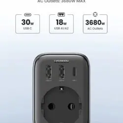 Kamstore.com.ua Сетевое зарядное устройство UGREEN CD314 GaN 30W для быстрой зарядки USB Fast Charger 2A1C Розетка переменного тока 3800W 16A Black (90620)