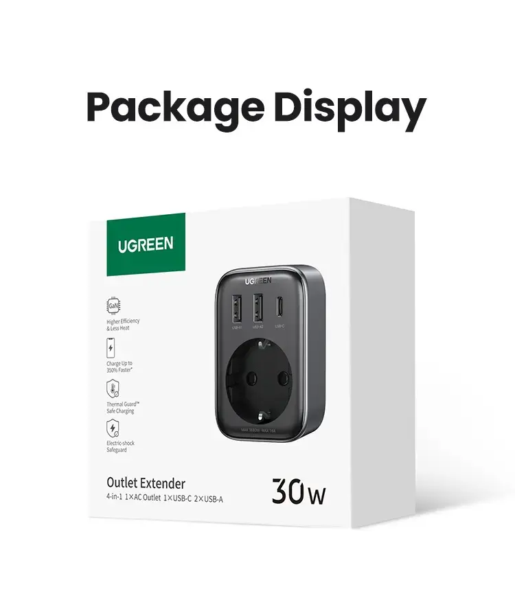 Kamstore.com.ua Сетевое зарядное устройство UGREEN CD314 GaN 30W для быстрой зарядки USB Fast Charger 2A1C Розетка переменного тока 3800W 16A Black (90624)