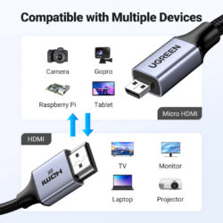 Kamstore.com.ua Кабель Micro HDMI Ugreen HD164 Cable Micro HDMI to HDMI 2.1 8K 60Hz VRR eARC 48Gbps 3D MAX Alluminium Case Black (15532)