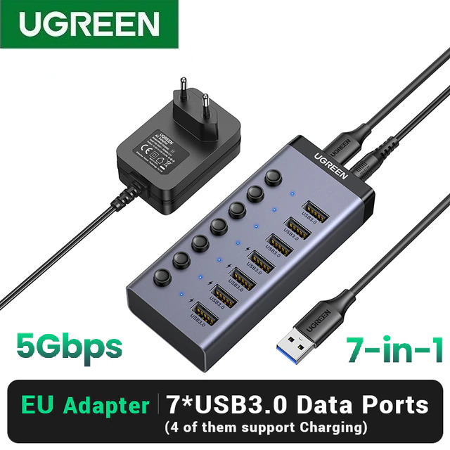 Kamstore.com.ua Концентратор USB 3.0 UGREEN CM481 HUB с дополнительным питанием USB Type-C 7in1 Black (90312)