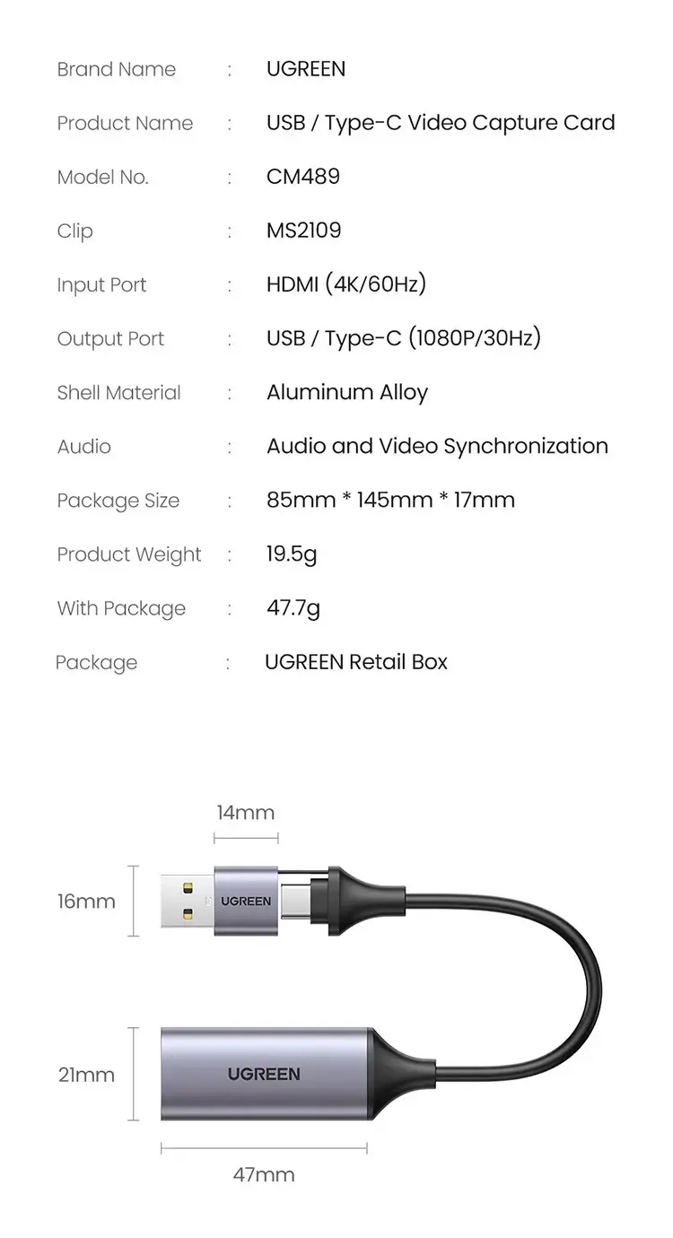 Kamstore.com.ua Карата видеозахвата UGREEN CM489 4K HDMI to USB (USB-C) Video Grabber Box (40203)