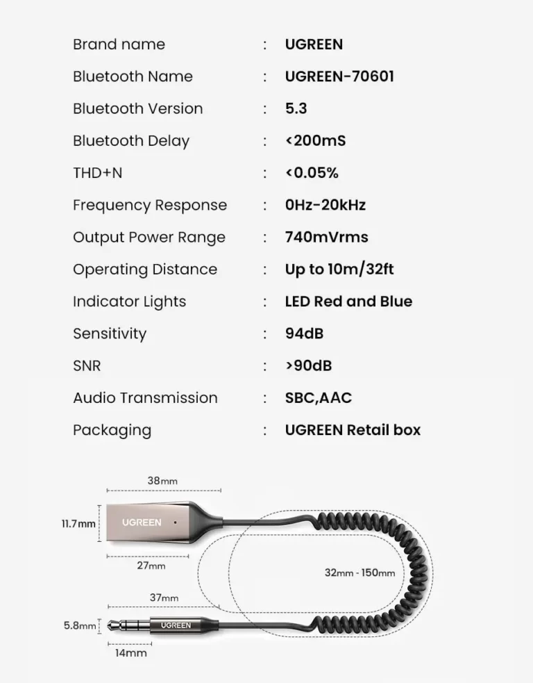 Kamstore.com.ua Автомобильный Bluetooth 5.3 адаптер UGREEN CM309 AUX ресивер (приемник) с микрофоном (70608) NEW