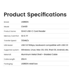 Kamstore.com.ua Кардридер USB-C 2 in 1 UGREEN CM401 Card Reader Type-C to SDTF 4.0 Aluminium Case NEW (15271)