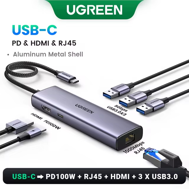 Kamstore.com.ua Концентратор Type-C 6 in 1 UGREEN CM512 HUB USB, HDMI 4k RJ45 PD3.0 100W для ноутбука MacBook Windows 15598