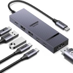 Концентратор 6 in 1 UGREEN CM818 Revodok Pro USB-C — DisplayPort 4K 60 Гц, мощность 100 Вт, поддержка 10 Гбит/с Grey (75244)