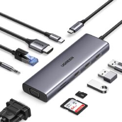Концентратор USB 10 in 1 UGREEN CM498 Type-C и 4K HDMI, VGA, RJ45, SD и TF, USB3.0, PD100W для MacBook HP Grey (15601)