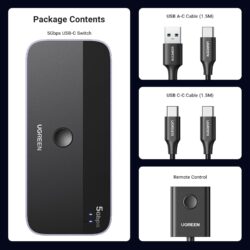 Коммутатор USB-A,USB-C UGREEN CM687 адаптер с 2 кабелями передачи данных USB-C и пультом дистанционного управления Black (25098)