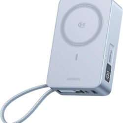 Магнитный внешний аккумулятор UGREEN PB775 MagFlow 20000 мА·ч для MagSafe со встроенным кабелем, беспроводной зарядкой высокой емкости Qi2 25 Вт и быстрой зарядкой PD 45 Вт, портативное зарядное устройство для iPhone 17 Pro Max/16/15/14 Silver (65959)