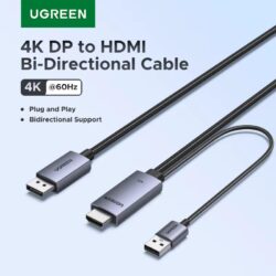 Кабель HDMI-Displayport Ugreen HD187 двунаправленный 4K при 60 Гц, «папа-папа», DP 1.2, HDCP 2.2, HDMI 1.4 4K при 30 Гц с питанием от USB, совместим с ноутбуками, ПК, PS5/Xbox 2m Grey (75076)
