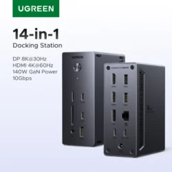 Концентратор 14in1 UGREEN CM843 три дисплея 4K (2x HDMI+DP), USB-C/A 10 Гбит/с, SD-карта 170 МБ/с, Ethernet, аудио, блок питания 140 Вт для Dell и HP Grey (55892)